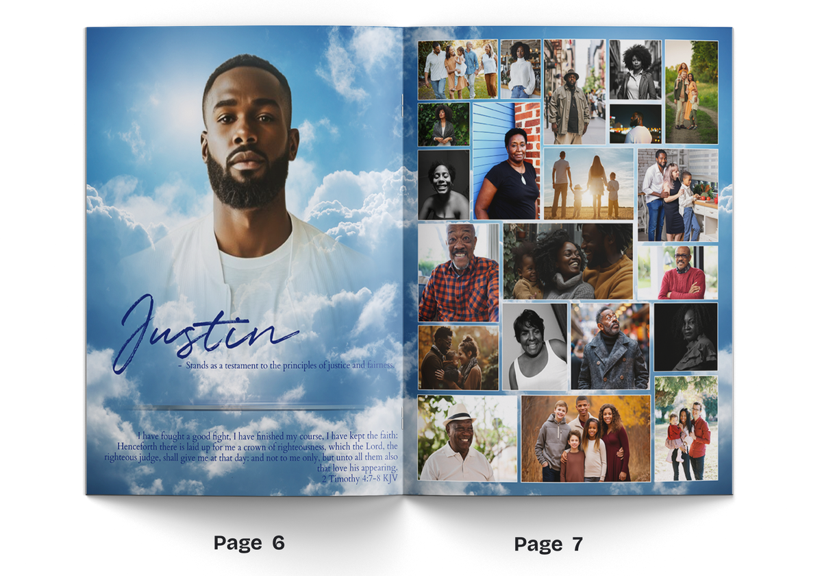Inside spread of an 8-page funeral program with portrait and photo collage on blue clouds