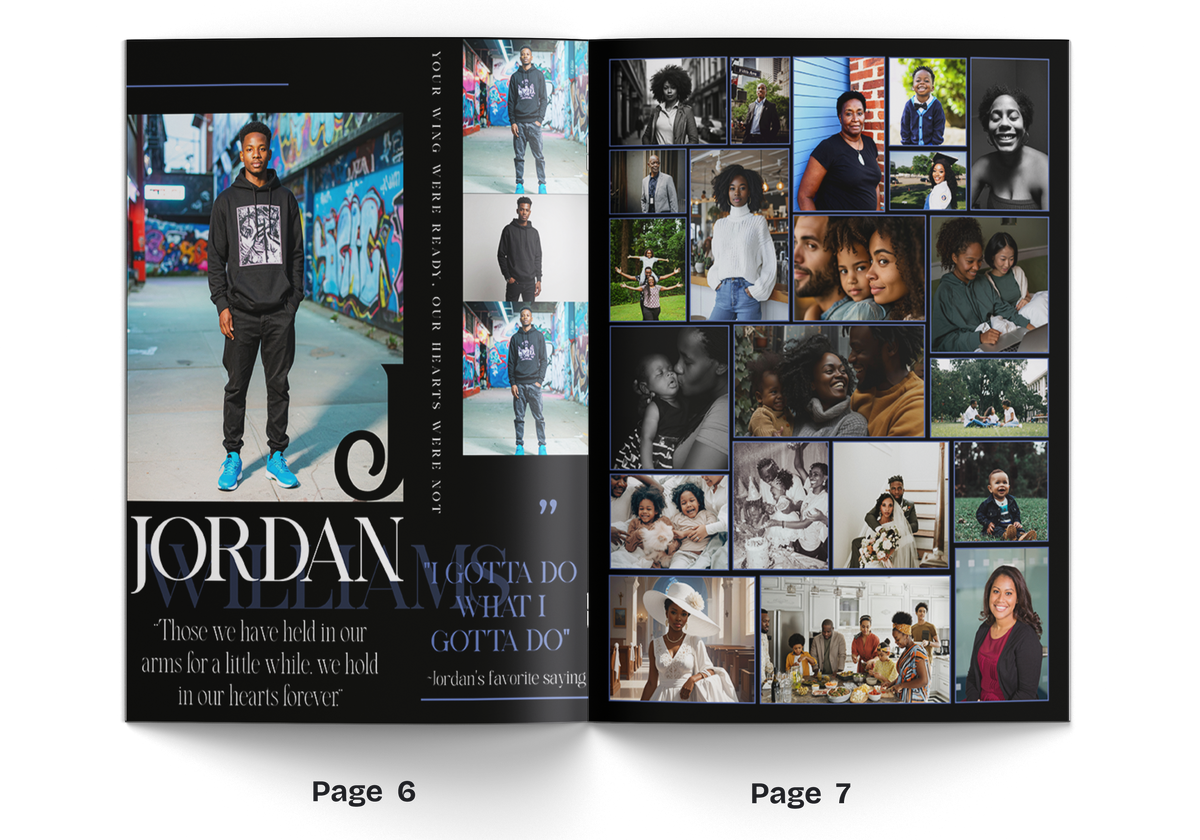 Printed booklet pages 6–7 open spread with portrait photo and multi-image collage