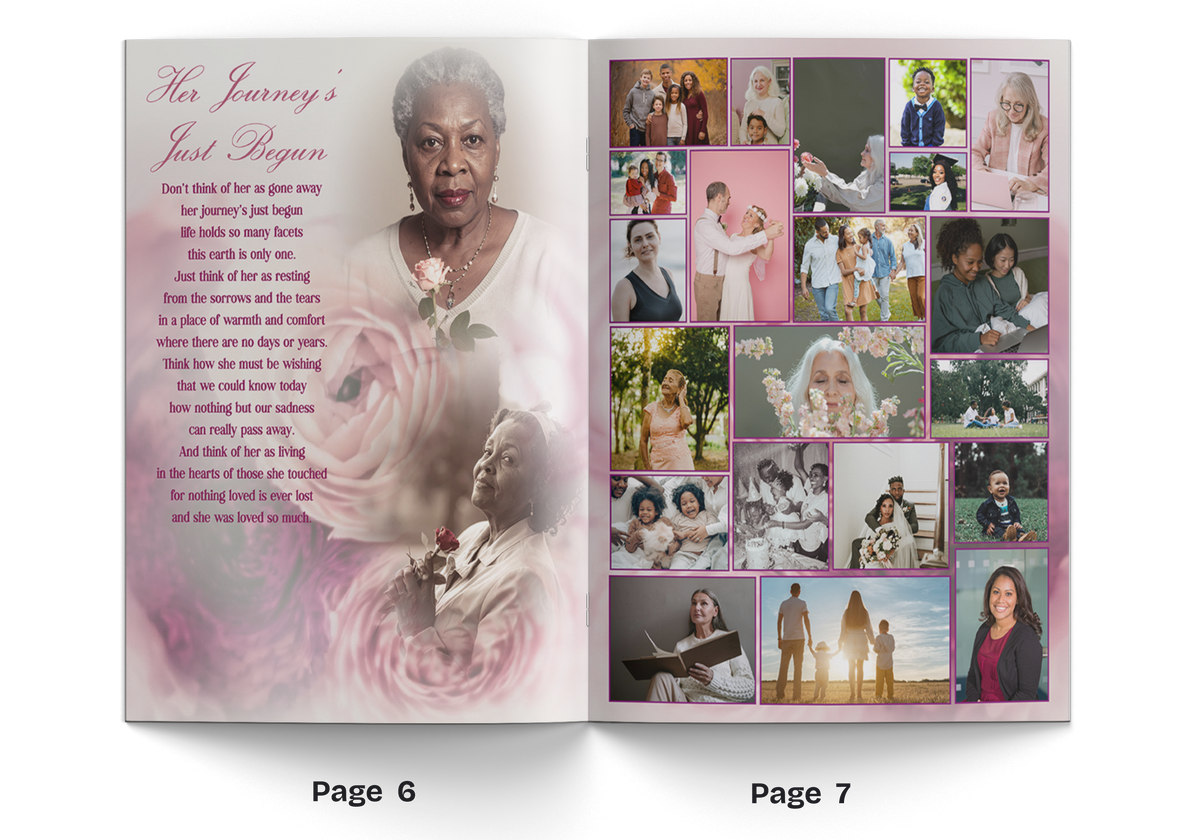 Open funeral program booklet pages with heading text, portrait photo, and collage of images