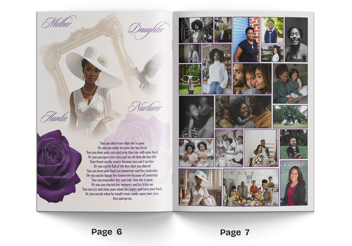 8-page funeral program booklet open to pages 6–7, woman portrait and photo collage