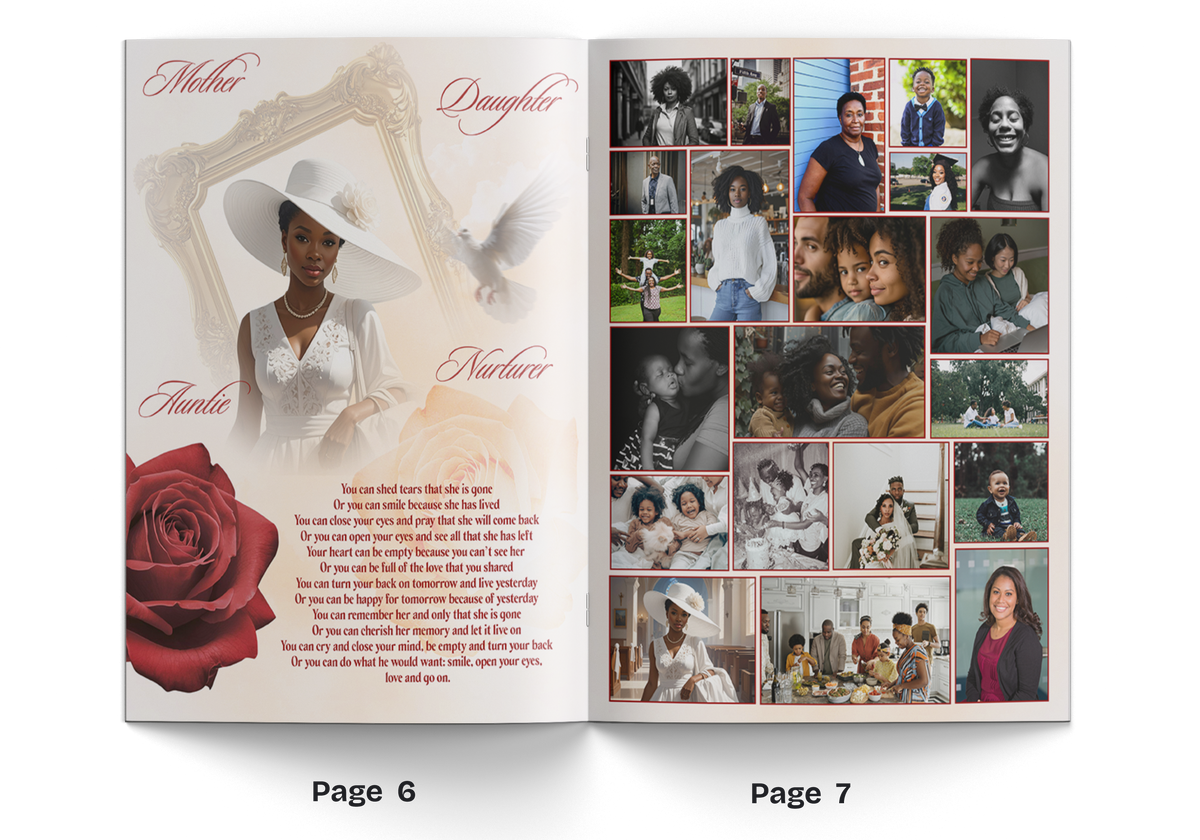 8-page memorial booklet open spread with portrait, red roses, and photo collage panels