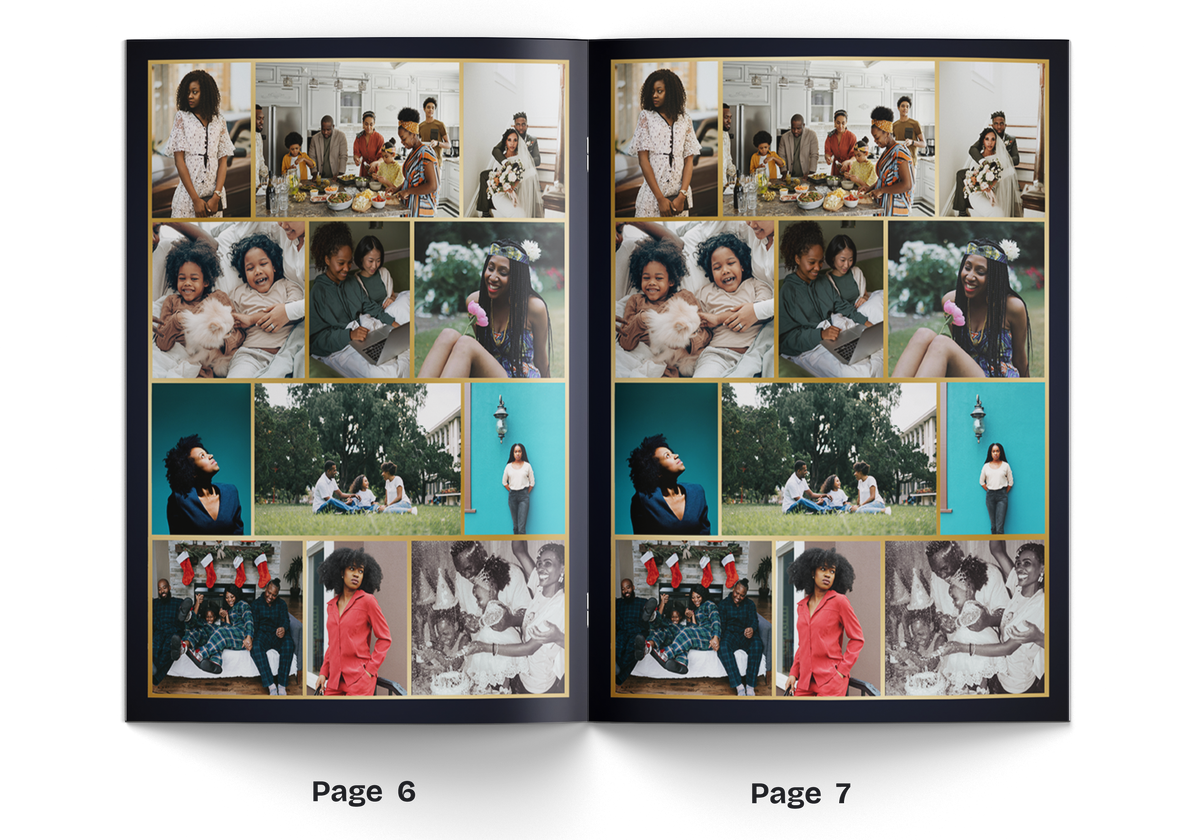 Open 8-page funeral program, pages 6 and 7 with multi-photo grid and captions.