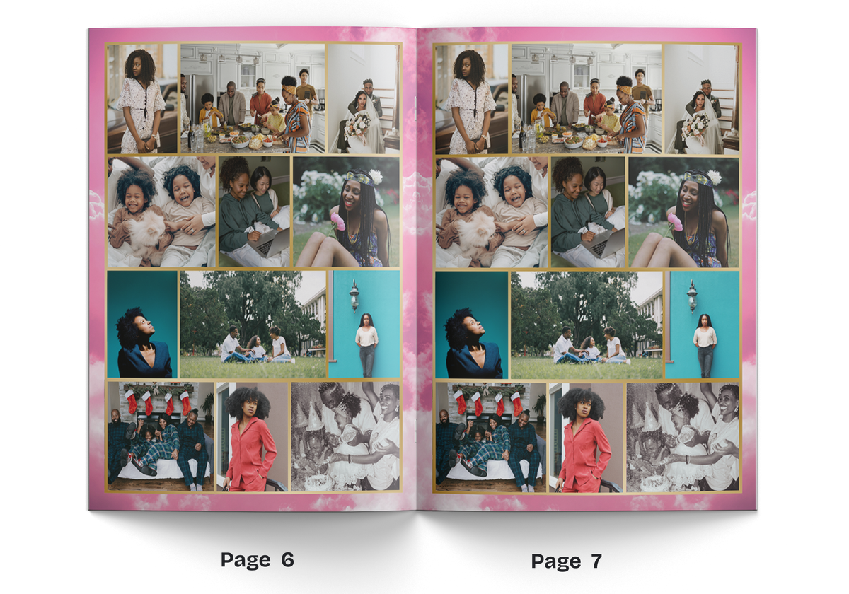 Pink photo collage booklet open on pages 6 and 7 with multiple group images