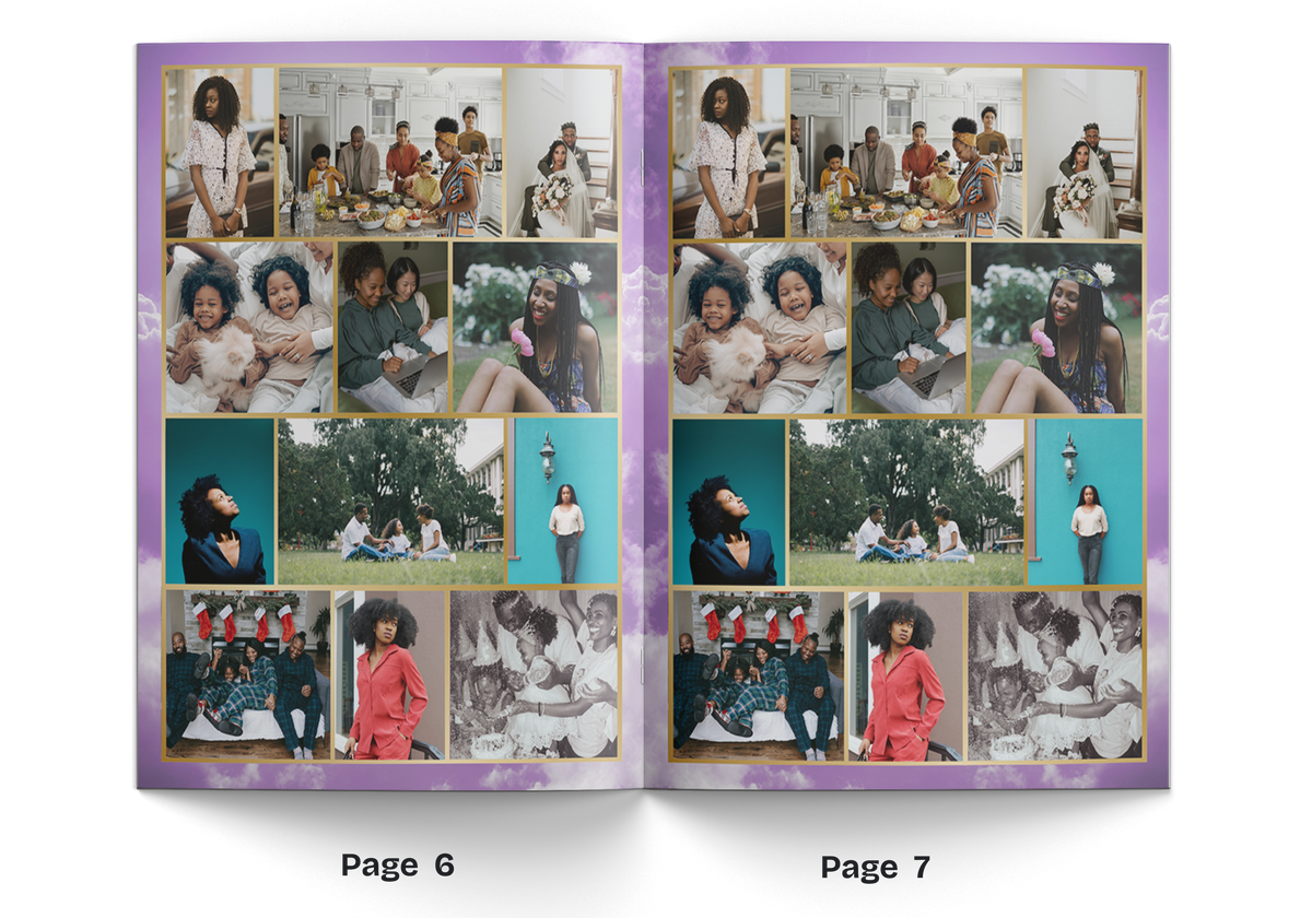 8-page memorial booklet, open spread with multi-photo collage on both pages