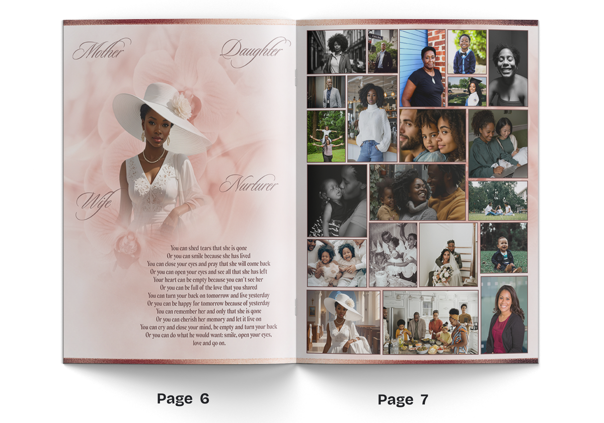 Open memorial booklet with woman portrait on left and multi-photo collage on right