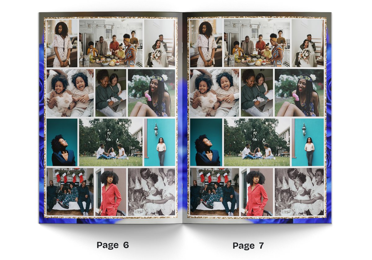 Memorial booklet pages 6–7 featuring collaged family photos on a blue rose background