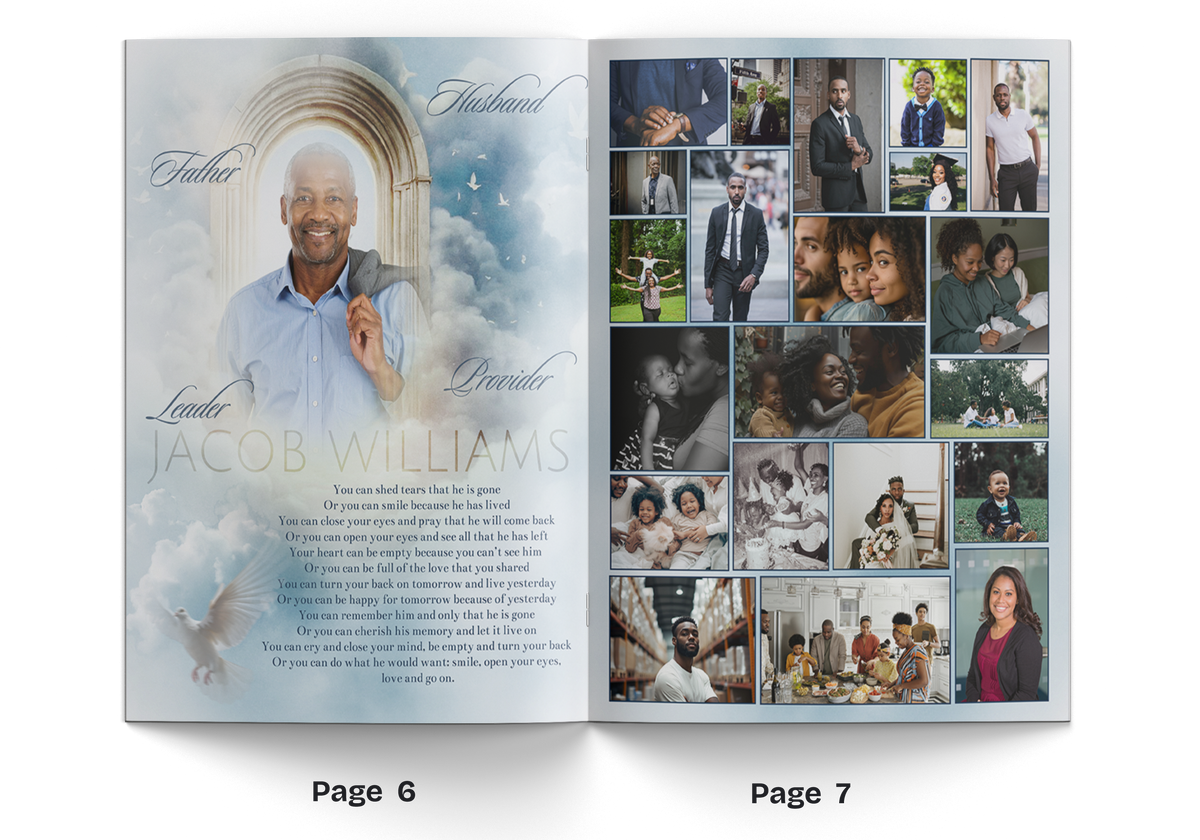Memorial program open spread with arch portrait on left and family photo collage right.