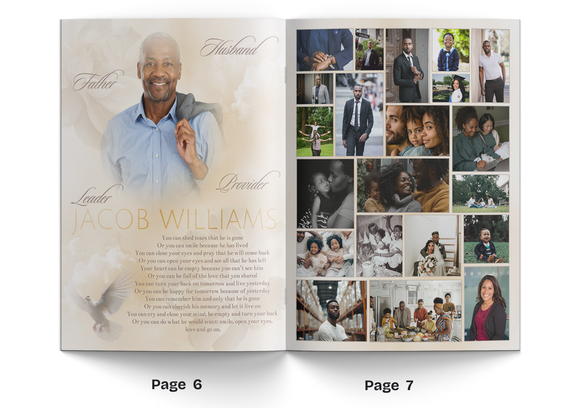 Eight-page memorial booklet open with Jacob Williams portrait and photo collage