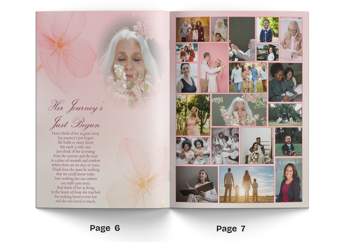 Open memorial booklet spread with pink floral design and photo collage on the right page