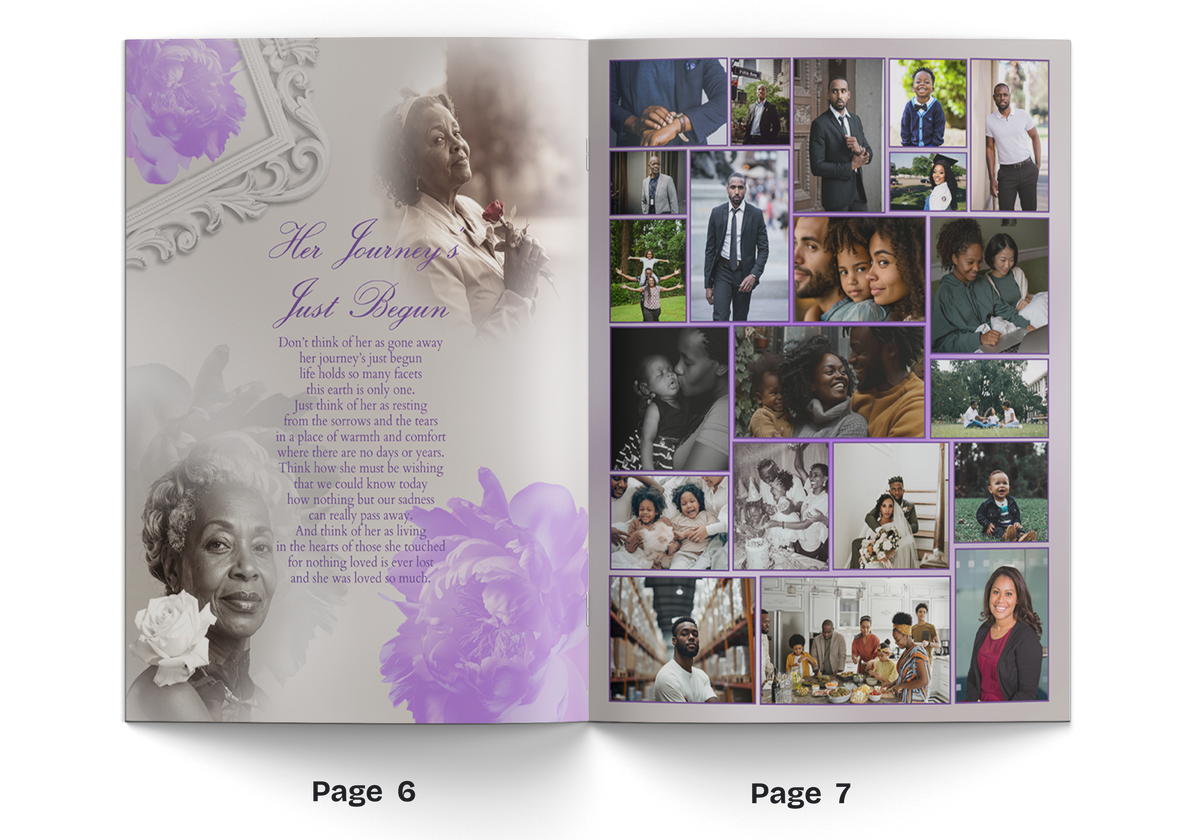 Open memorial booklet pages with purple floral accents and family photo grid