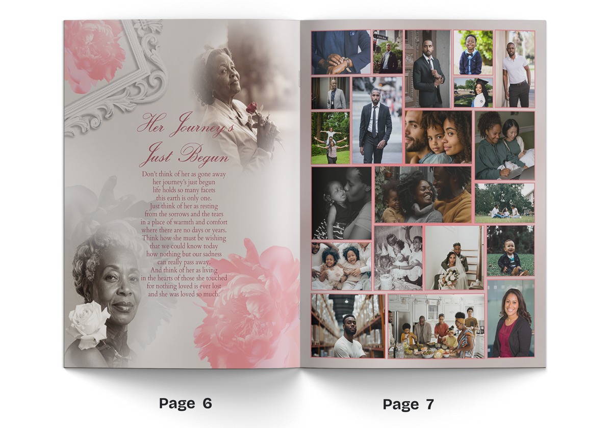 Open memorial invitation booklet with pink peony flowers, grayscale portrait and photo collage
