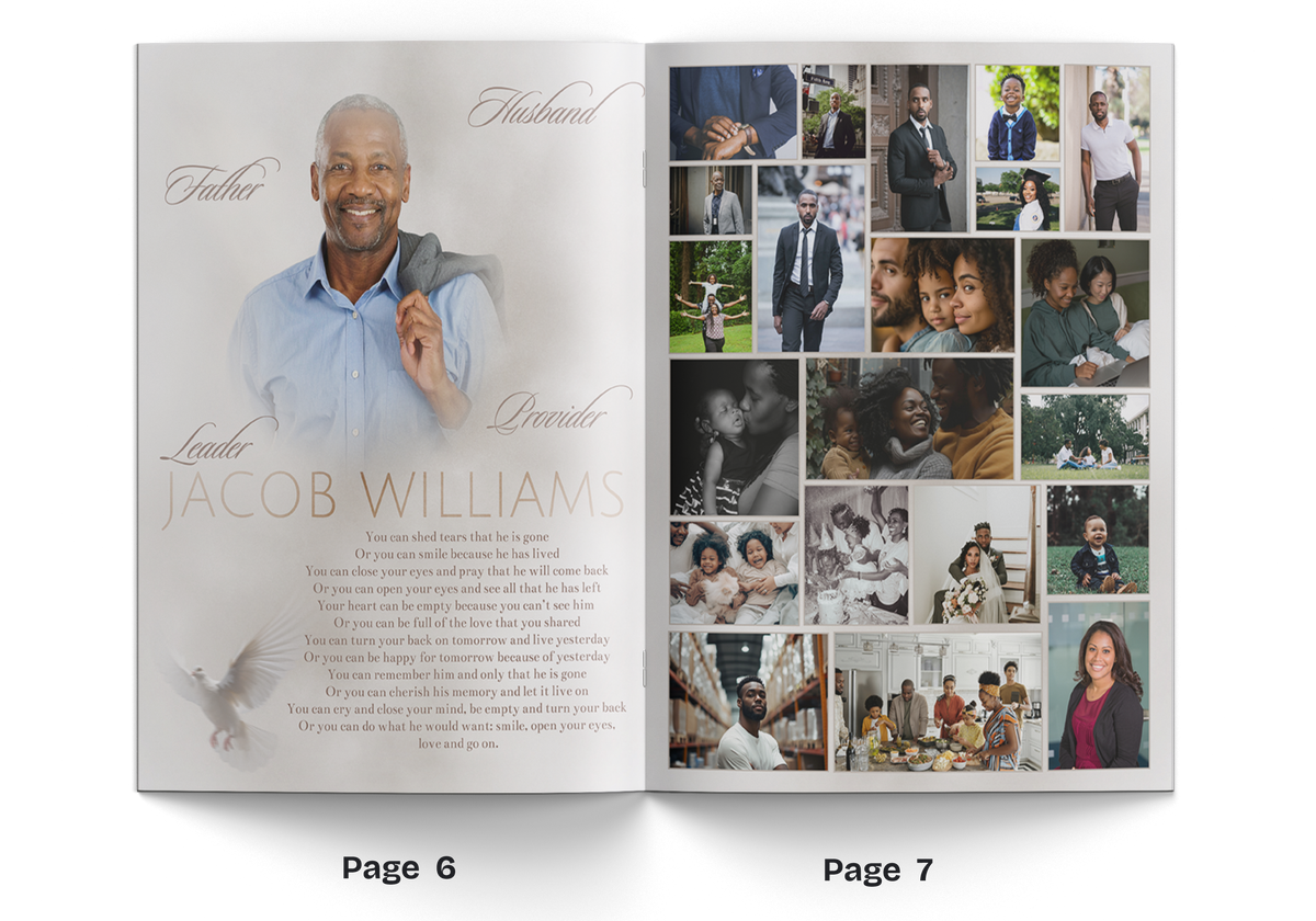 8-page portrait photo booklet open pages with man portrait and family photo grid
