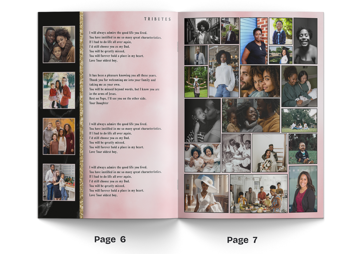 Open booklet spread with text panel, pink butterfly accents, and collage of photos