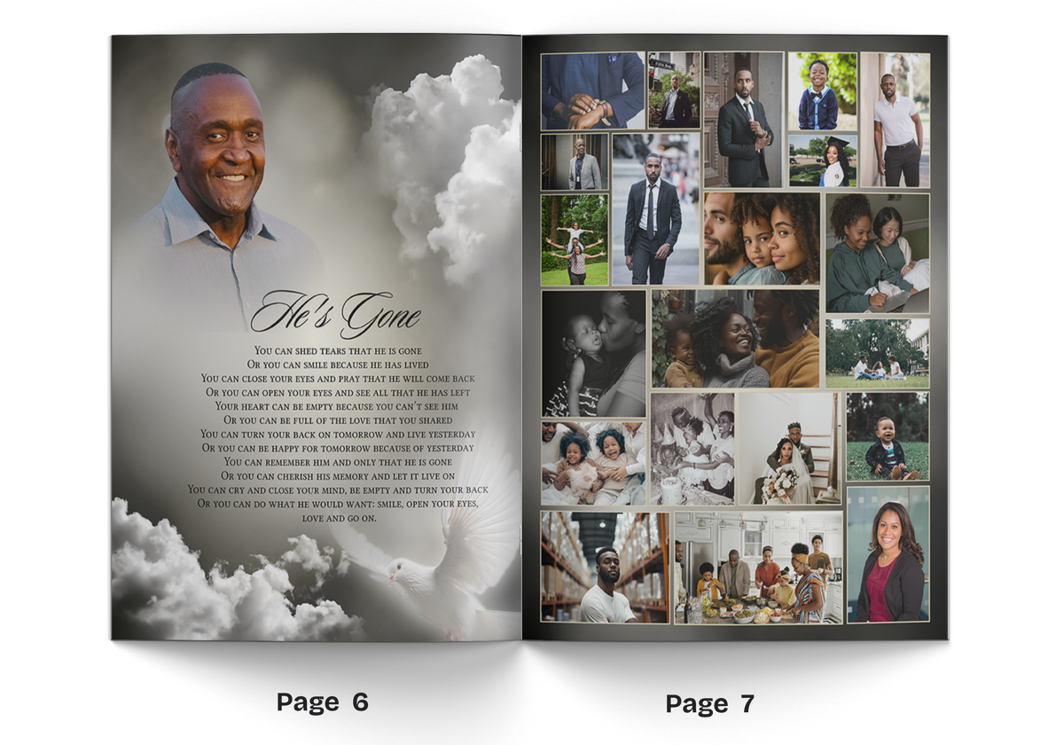 Open memorial booklet spread with 'He's Gone' panel, portrait, and family photo collage