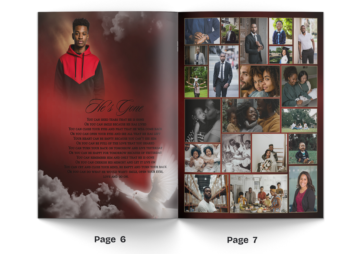 Open memorial booklet spread with red and black portrait page and photo collage page