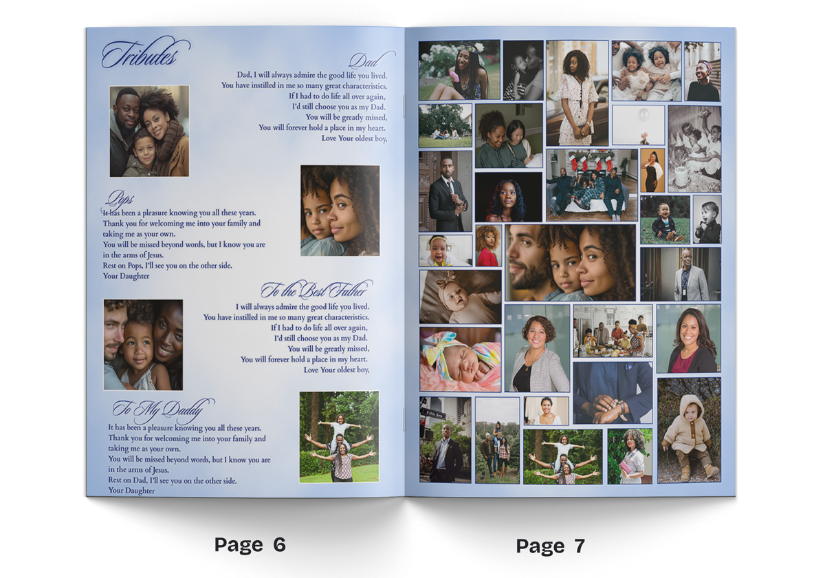 Blue 8-page memorial brochure, open pages with “Tributes” and multi-photo collage