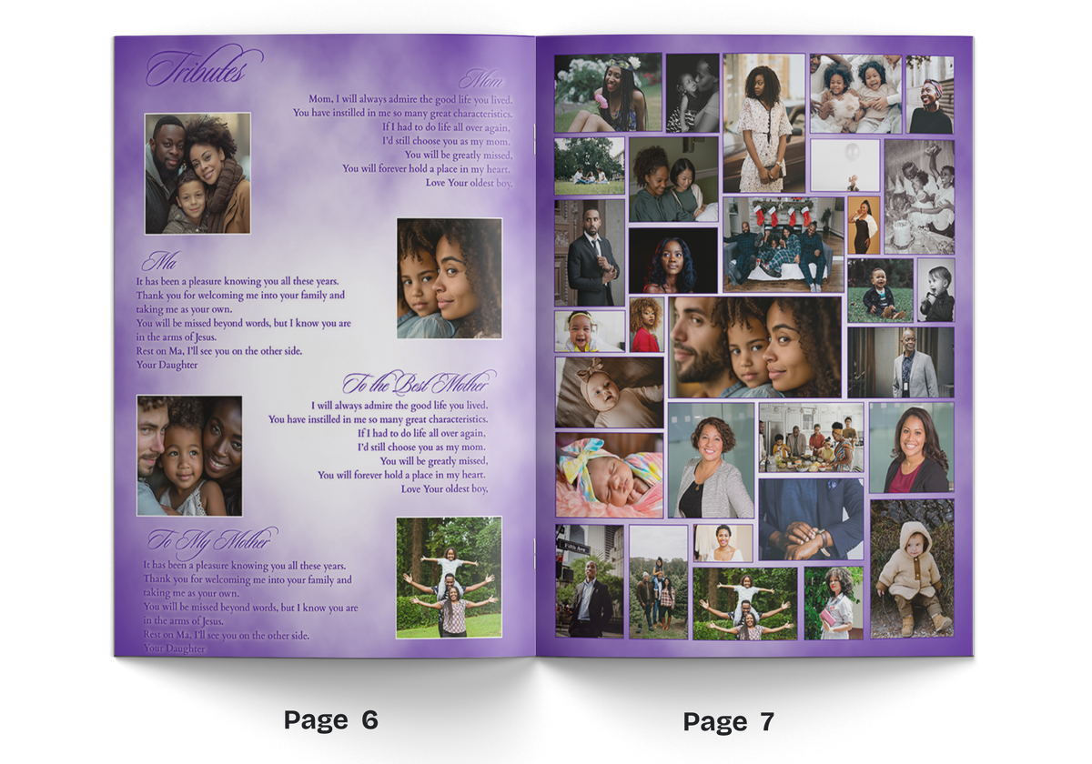 Purple 8-page event program, open spread with photo collage on the right page