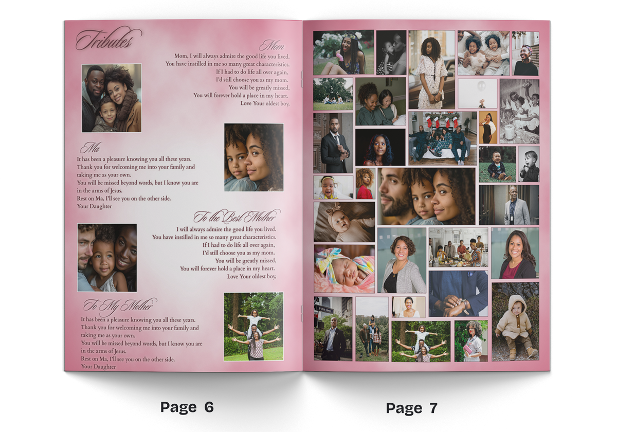 Pink floral memorial booklet open to pages with multiple photo collage and family text