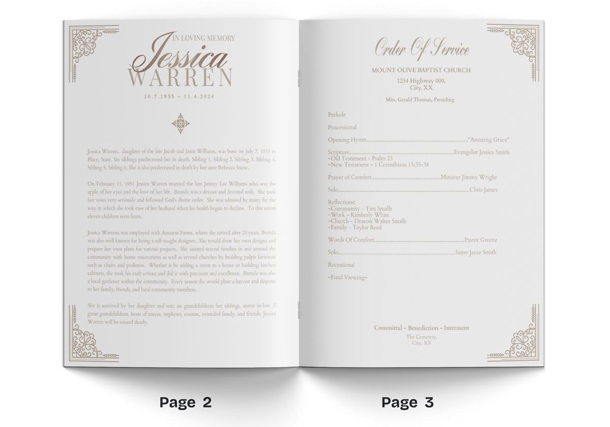 Open obituary booklet with gold decorative borders, text and order of service on the right.
