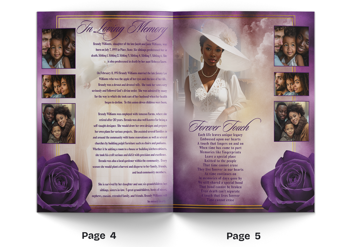8-page funeral program booklet open to pages 4–5, floral purple layout with portrait