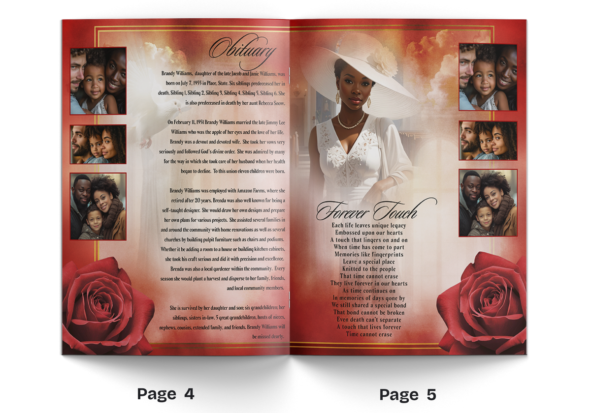 8-page memorial booklet open spread with obituary text, portrait, red roses, gold accents