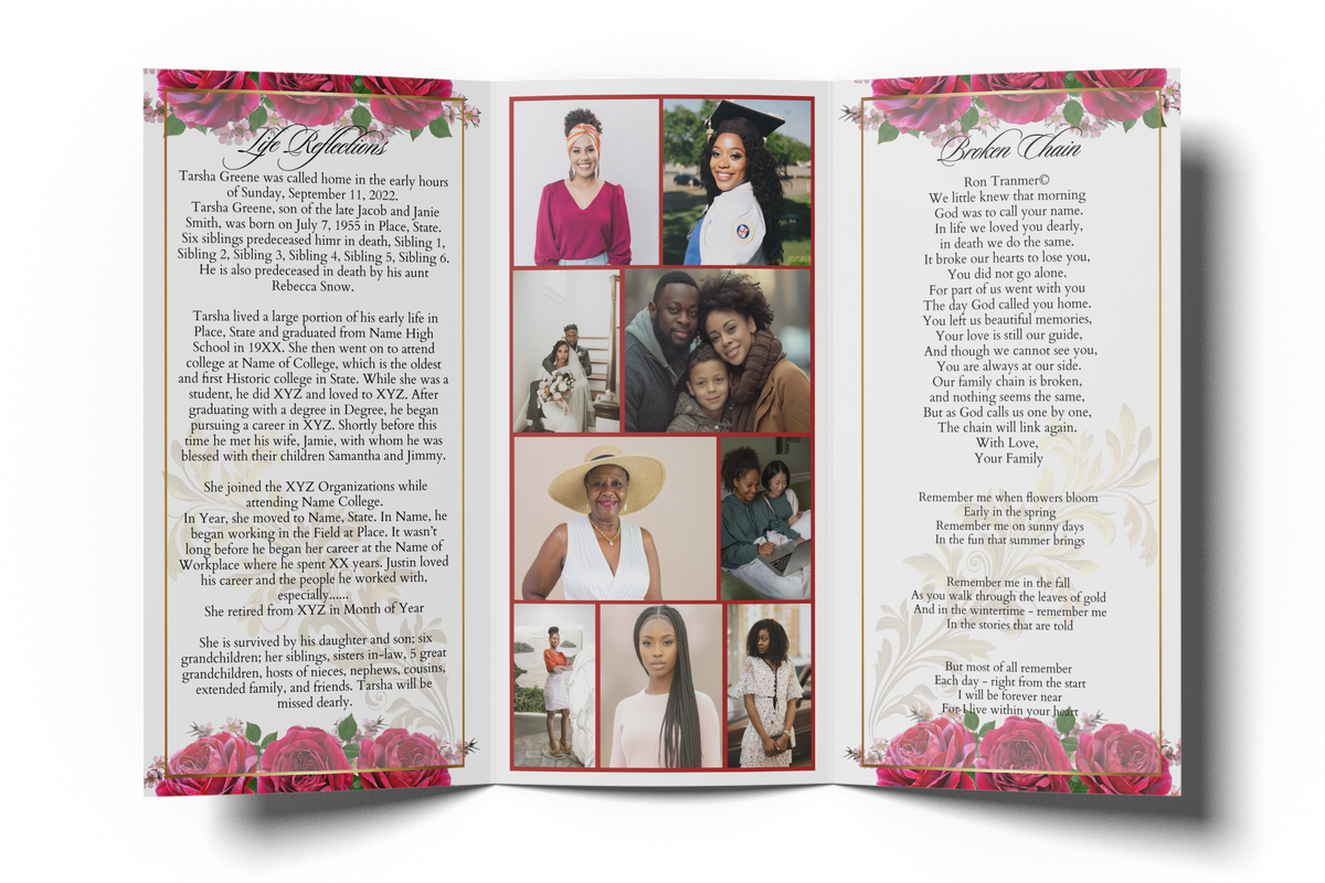 Trifold memorial invitation with rose borders and central photo collage, interior view