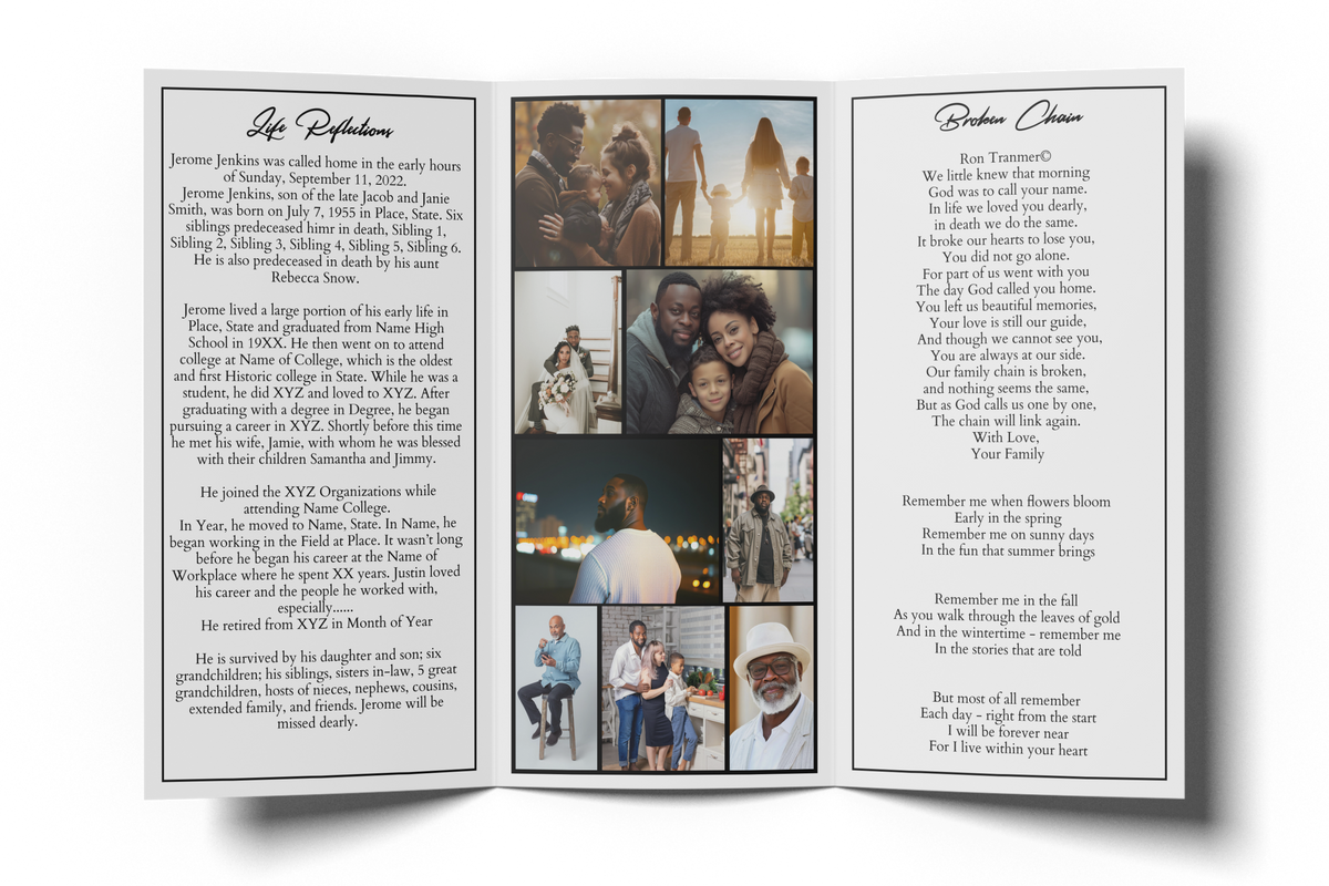 Open trifold memorial card with left and right text panels and center photo collage.