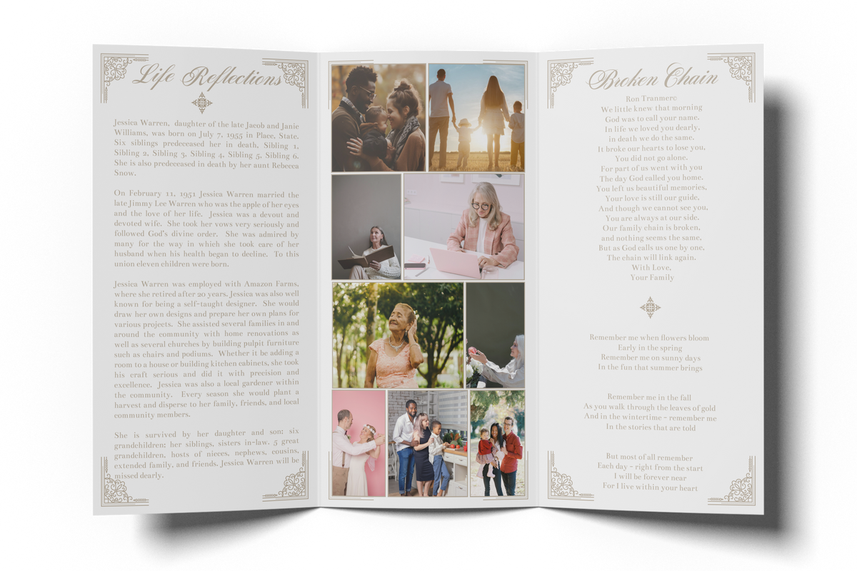 Trifold memorial brochure open with three text sections, photos collage, and ornate headings