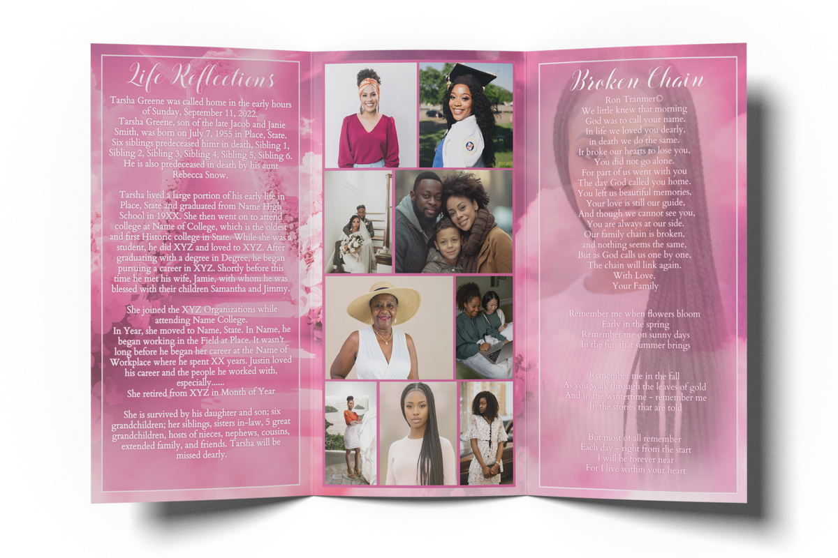 Pink tri-fold memorial program open, left and right text panels with photo collage center