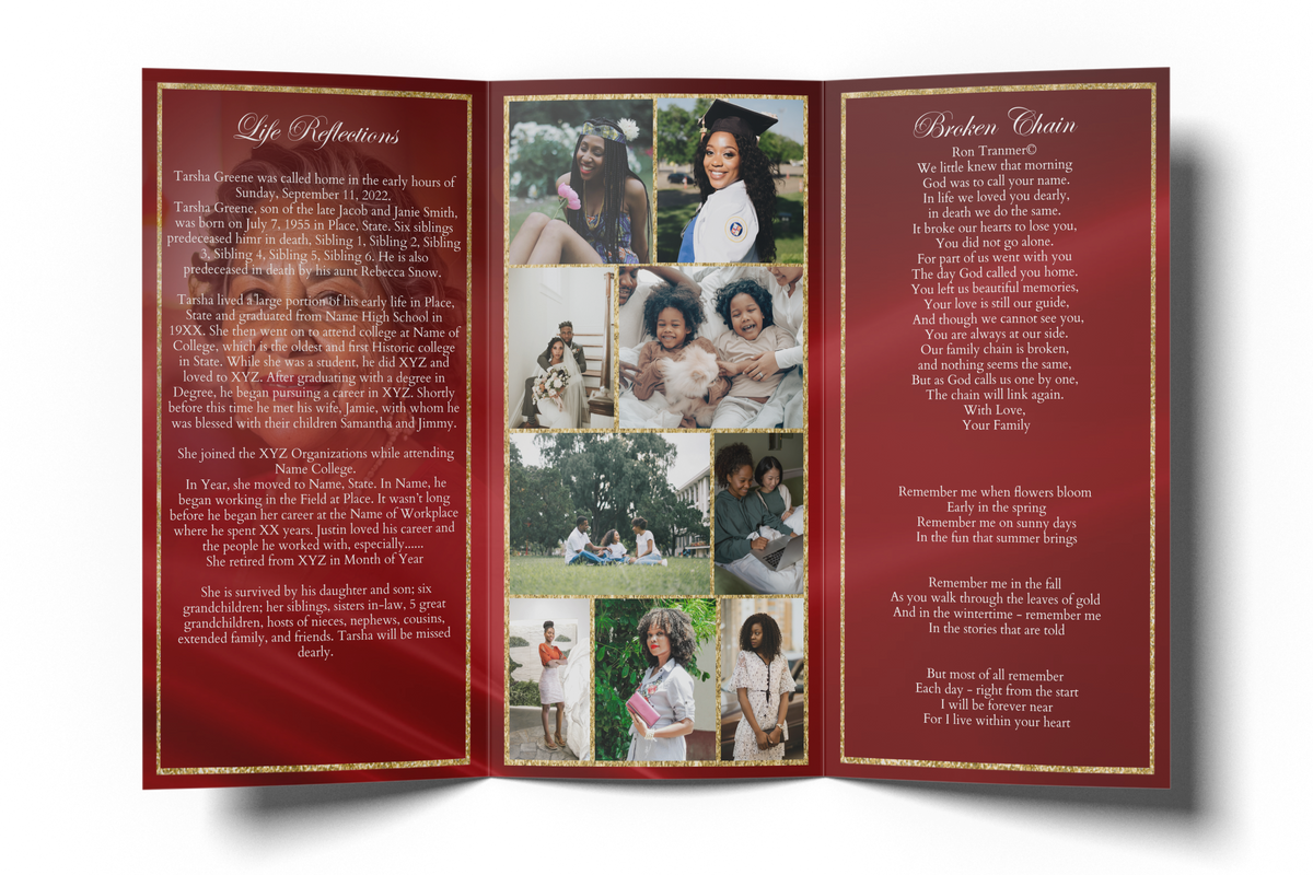 Red gold glitter trifold memorial program inside panel with photo collage and poem text