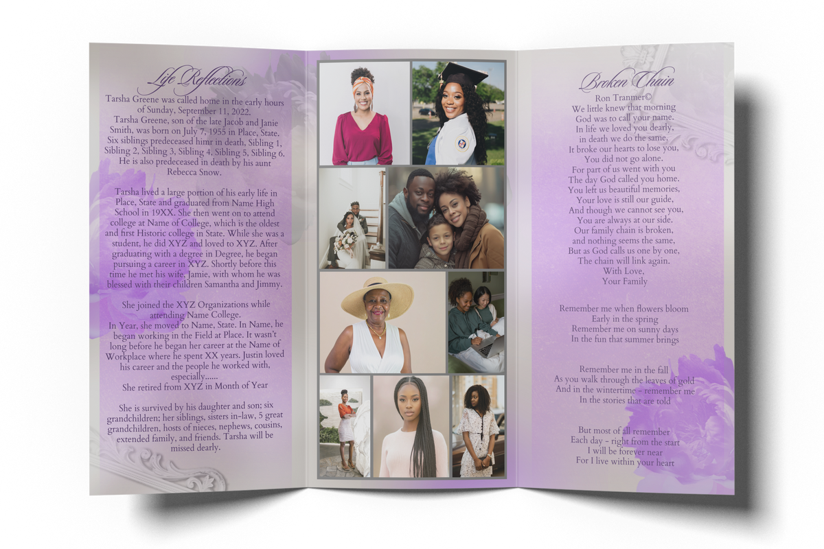 Trifold memorial program with photo collage center and purple peony floral text panels