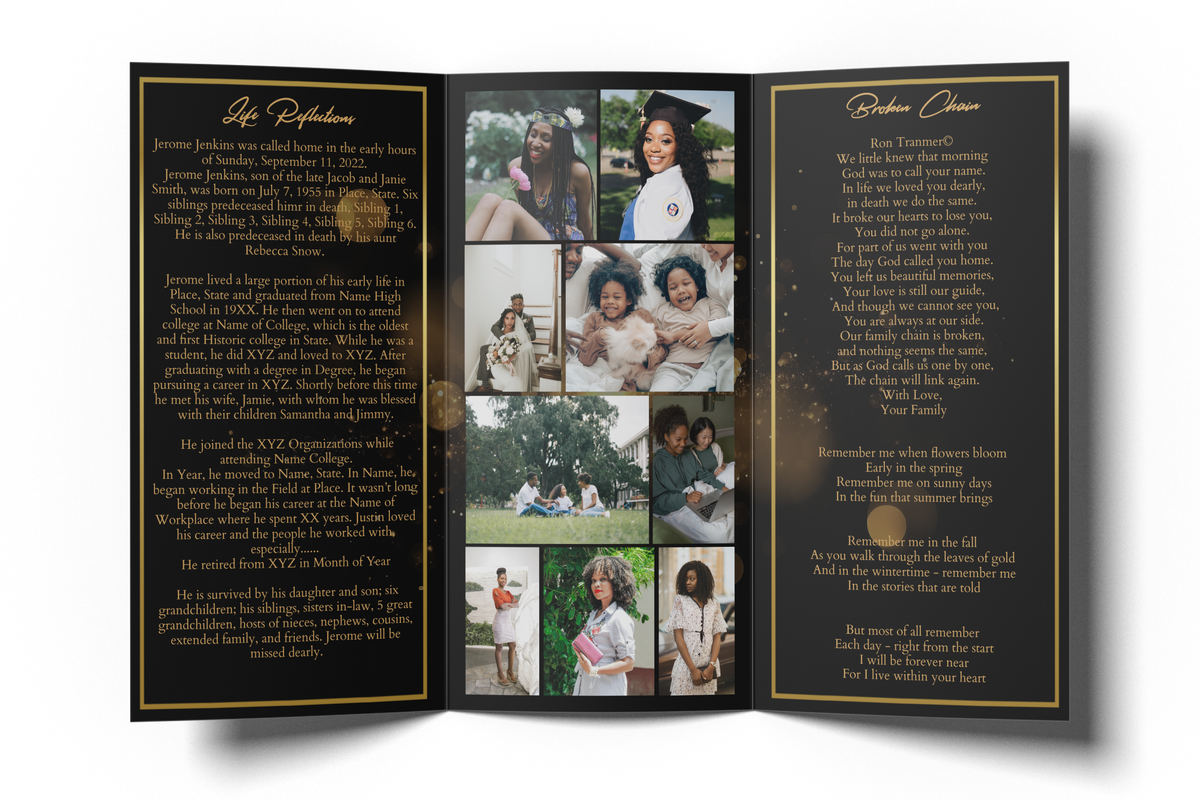 Opened tri-fold invitation with gold text panels and a center photo collage on black