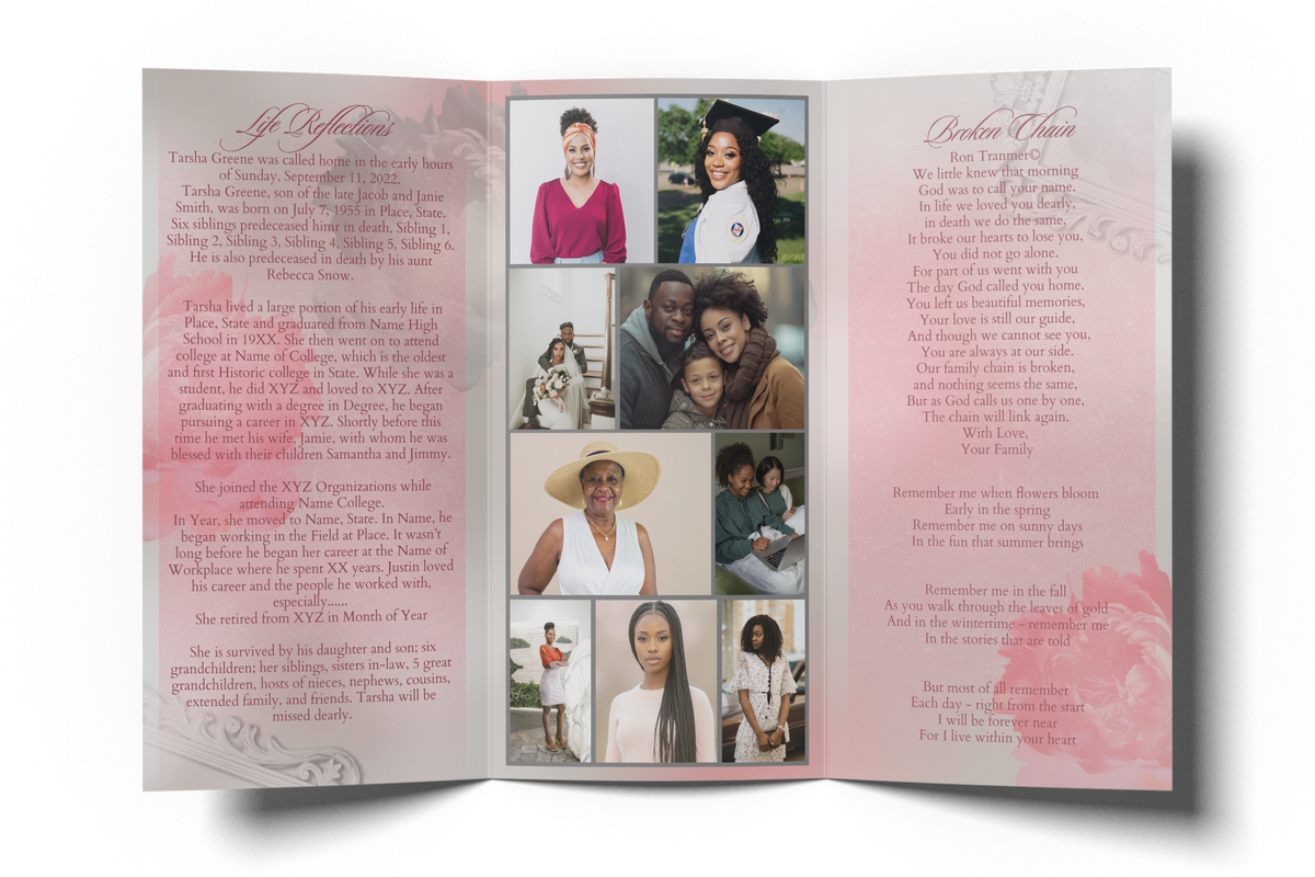 Trifold memorial brochure opened with multiple photos and poem text across panels