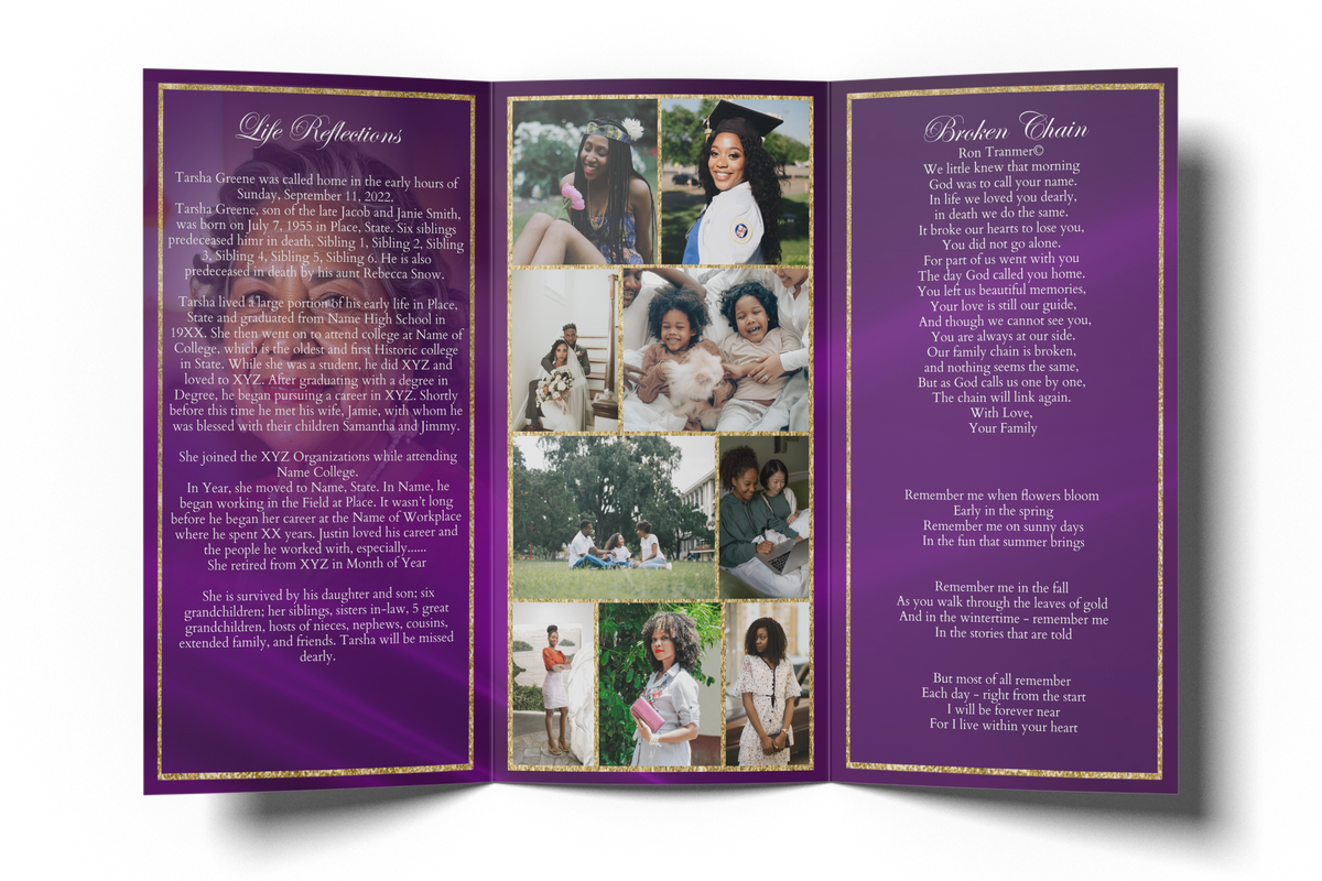 Purple and gold glitter trifold invitation card with photo collage center panels
