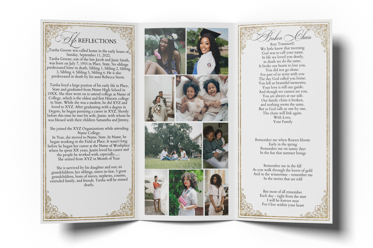 Gold glitter trifold funeral program, open with floral borders and photo collage panels