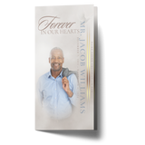 Portrait-style trifold brochure cover with smiling man portrait and vertical title text.