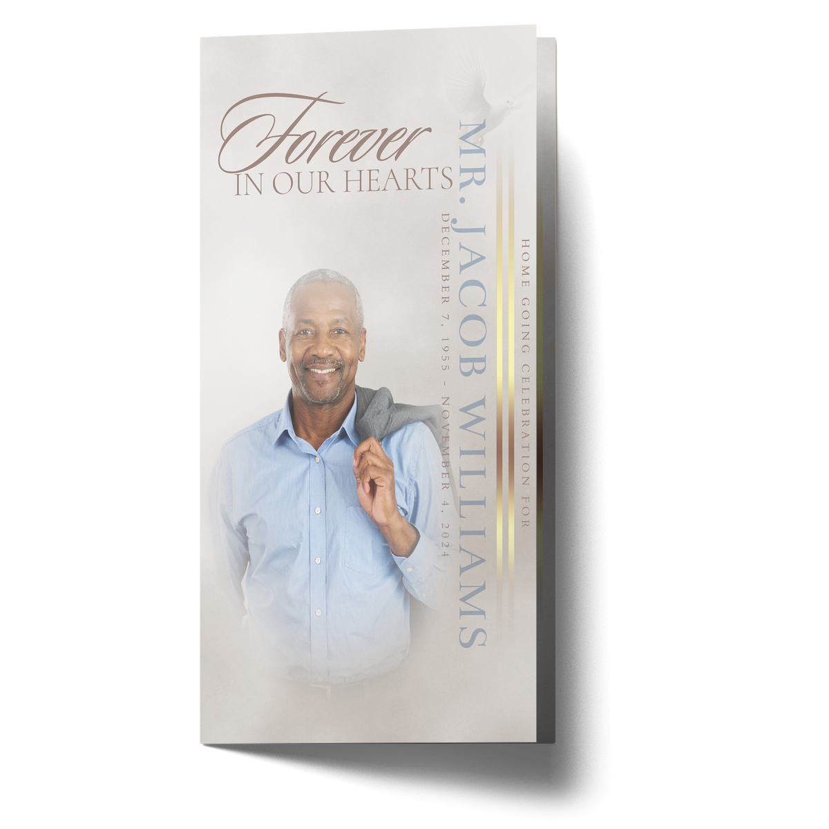 Portrait-style trifold brochure cover with smiling man portrait and vertical title text.