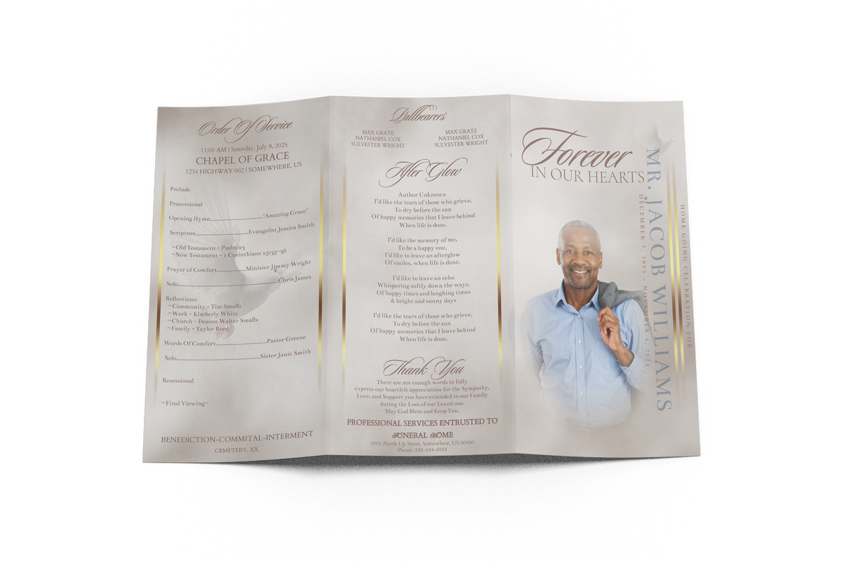Portrait-style trifold brochure open, with three panels and portrait on the right.