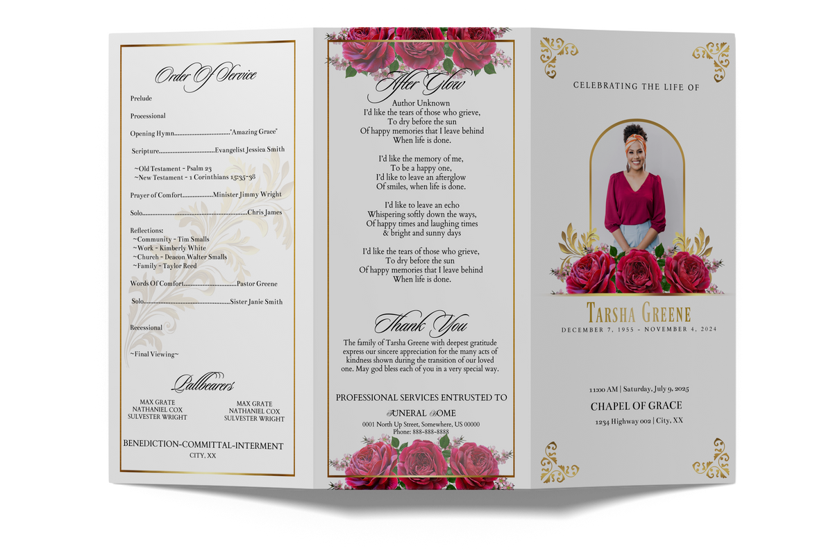 Trifold memorial invitation with burgundy-pink roses and gold accents, open panels