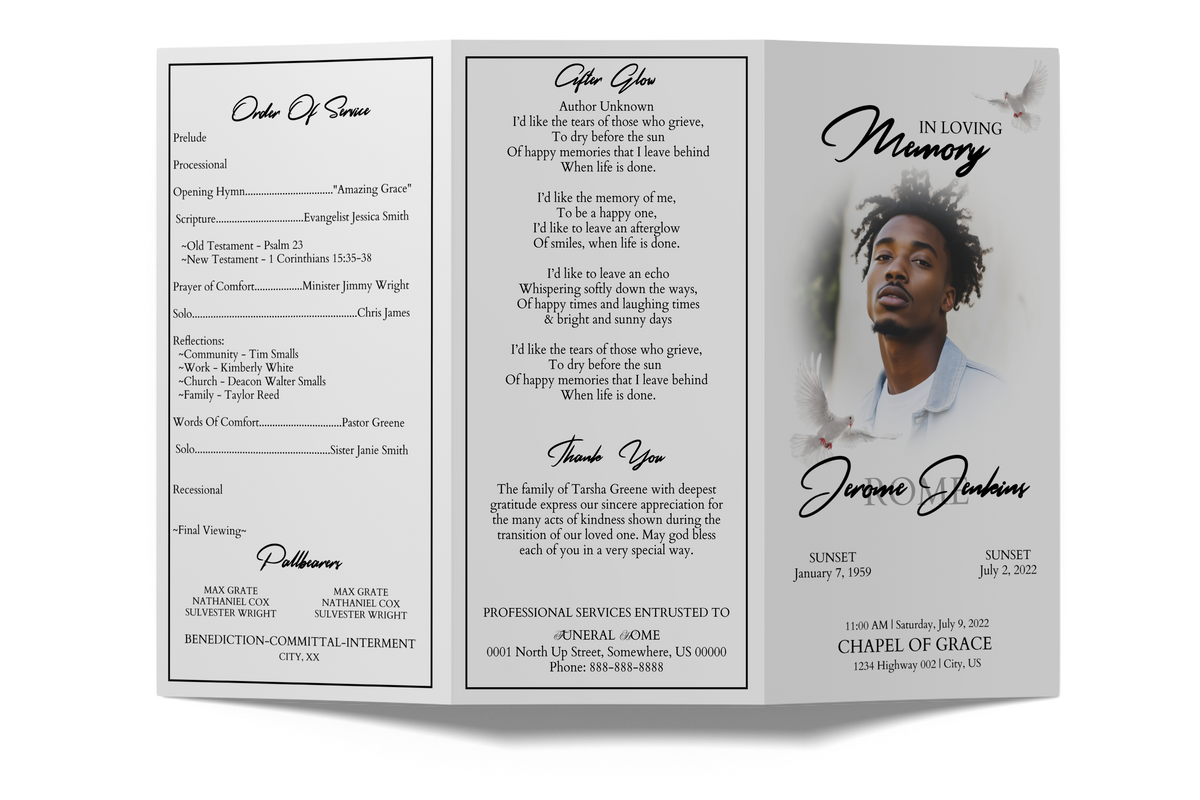 Trifold memorial card with three printed panels, including photo and cursive text.