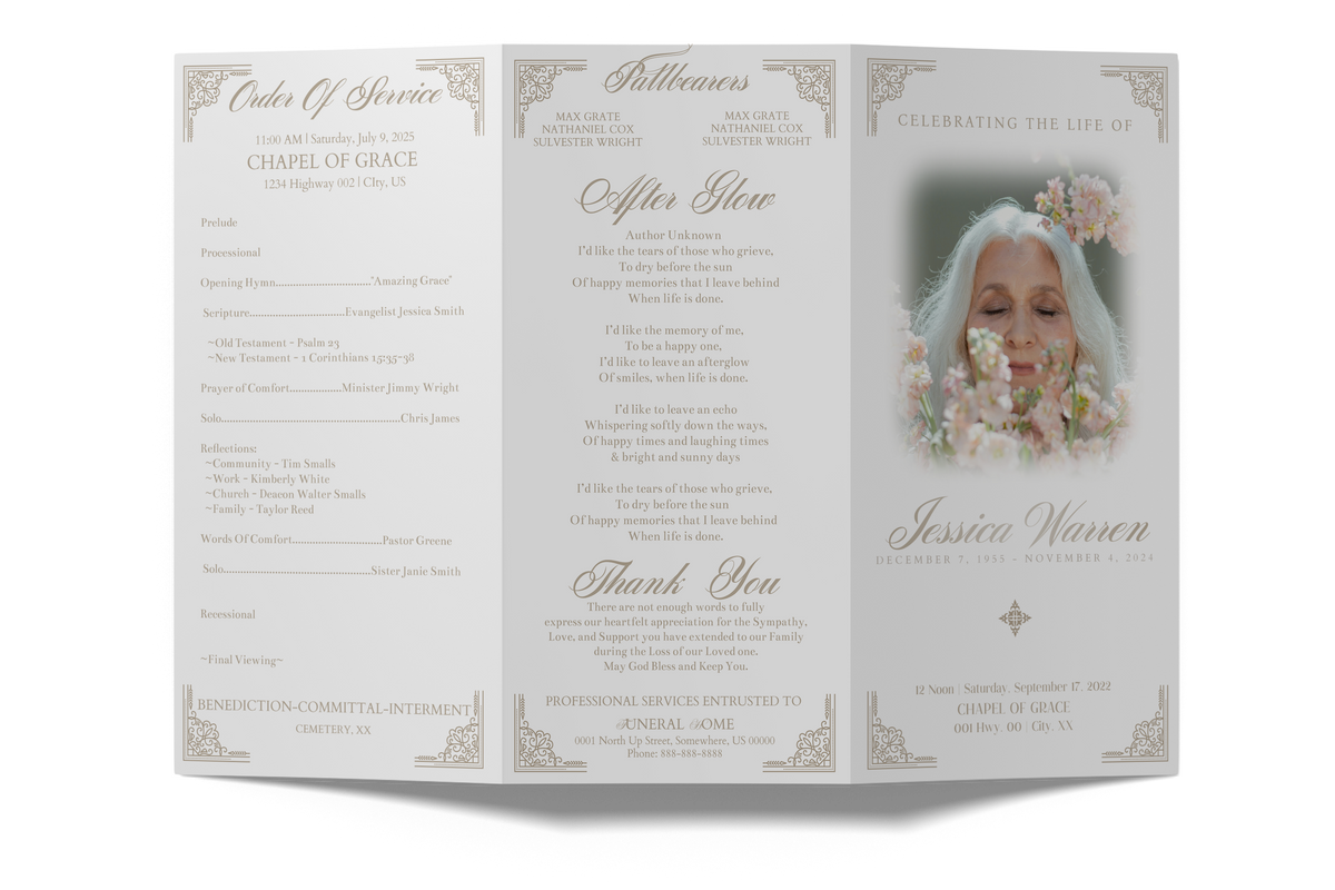 Trifold memorial brochure open layout with three text panels and centered portrait