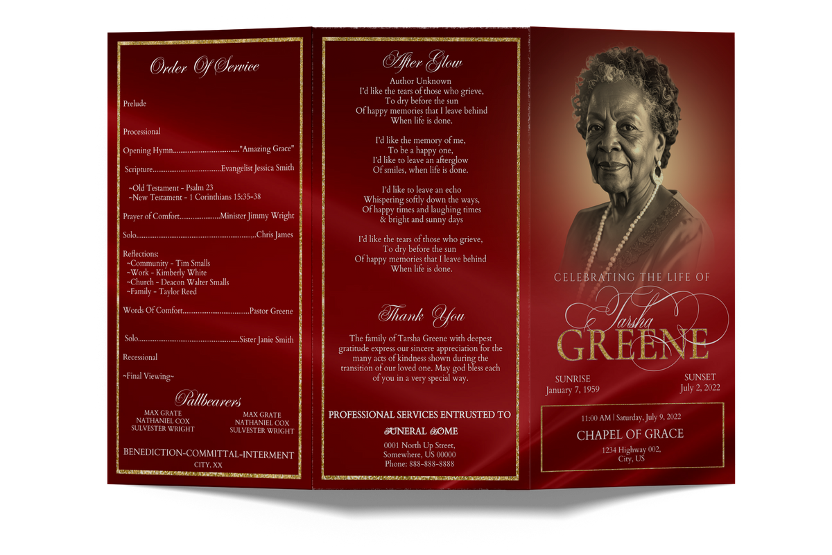 Red gold glitter trifold memorial program inside panels with text columns and portrait