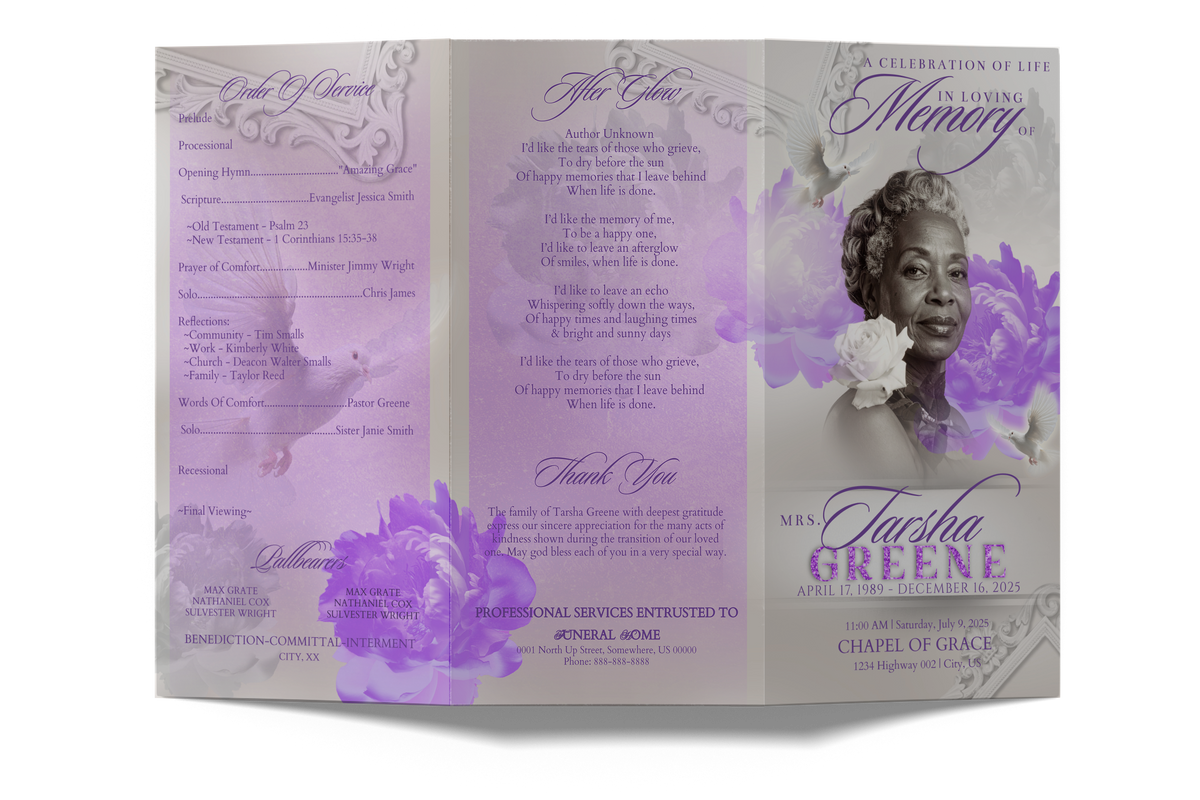 Trifold memorial program with purple peony accents and woman's portrait (inside)
