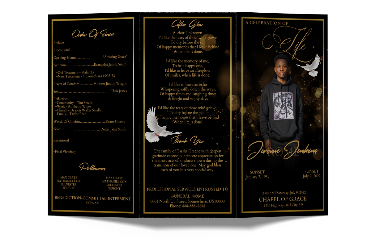 Tri-fold invitation opened flat with three black-and-gold text panels and small portrait photos