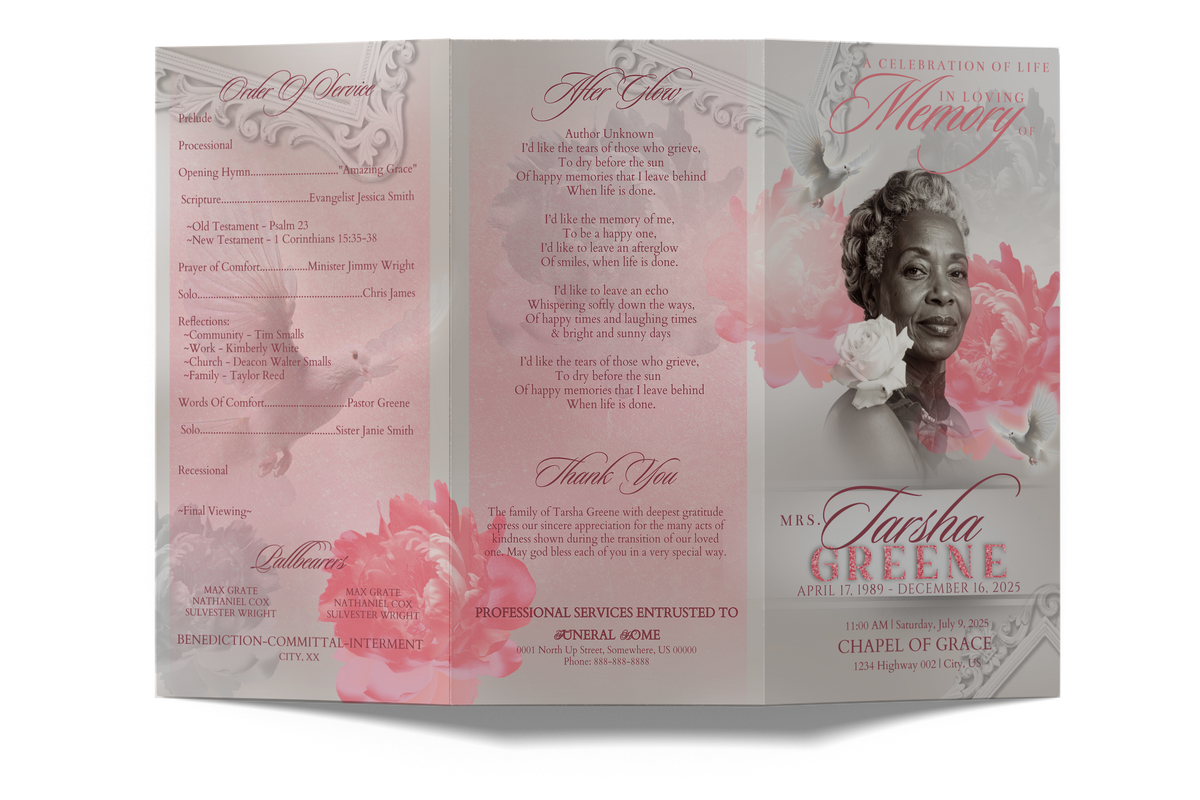 Trifold memorial brochure open spread with poem text and portrait on right panel