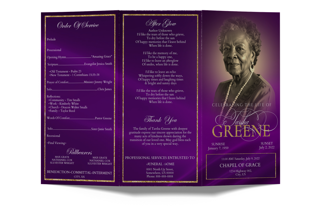 Purple and gold glitter trifold invitation card, three printed panels with portrait