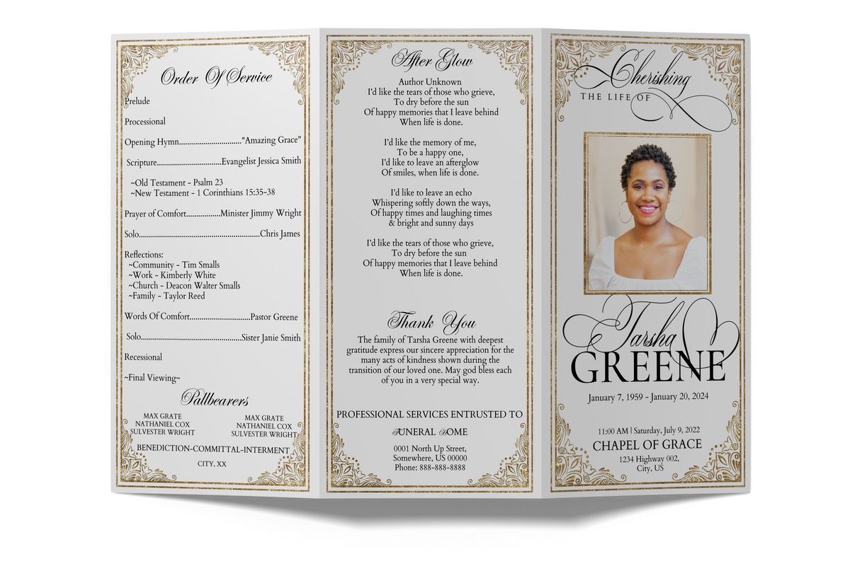 Gold glitter trifold funeral program, open with three text panels and portrait