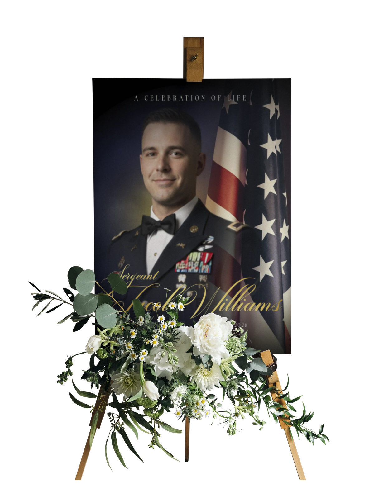 Framed military funeral portrait of man in uniform with American flag and floral bouquet