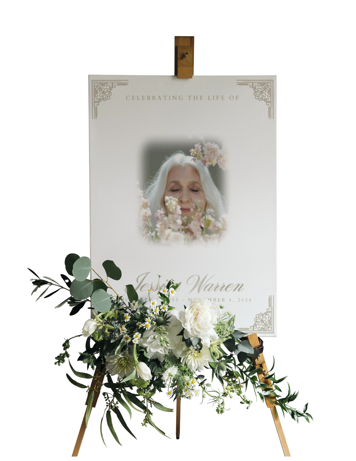Funeral portrait print with floral wreath and name plate, on standing display