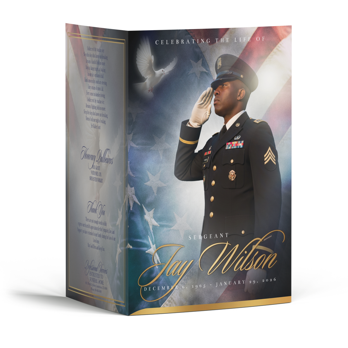 Memorial booklet cover with sergeant portrait in dark uniform and gold script title